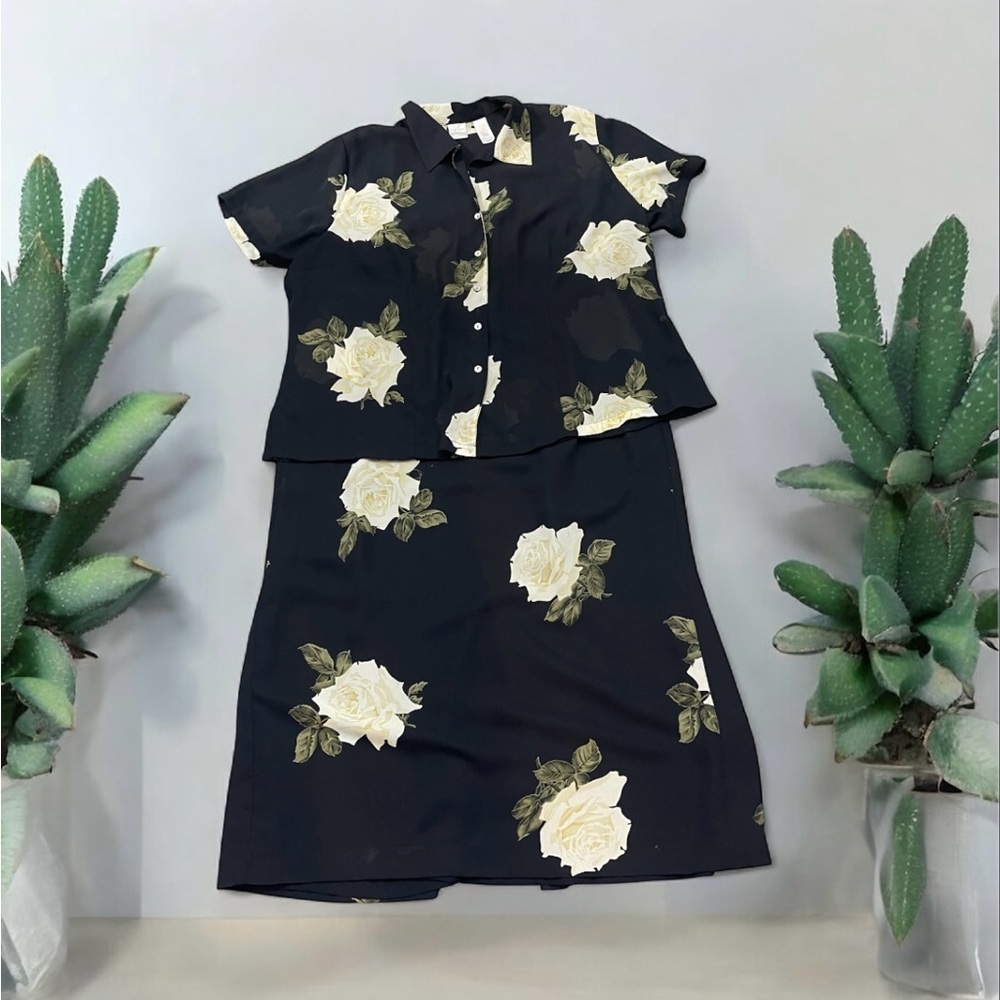Emma James Black and Cream Floral Blouse and Skirt set